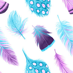 Watercolor bohemian feathers seamless pattern.