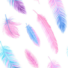 Watercolor bohemian feathers seamless pattern.