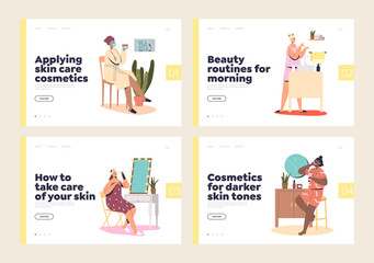 Women applying cosmetics for skincare concept of landing pages with female using skin care routine