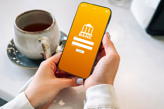 Mobile banking network. Smartphone with internet online bank application. Debit card wallet app. Save currency money wallet.