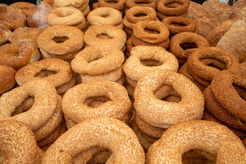 Stack of traditional fresh baked Turkish simit bread bagel.
