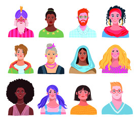 set of portraits of people of different age, ethnicity and gender - hand drawn vector illustration