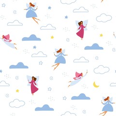Naklejka premium Seamless pattern. Fairy set, cute characters, flat style. Woman with wings and magic wand