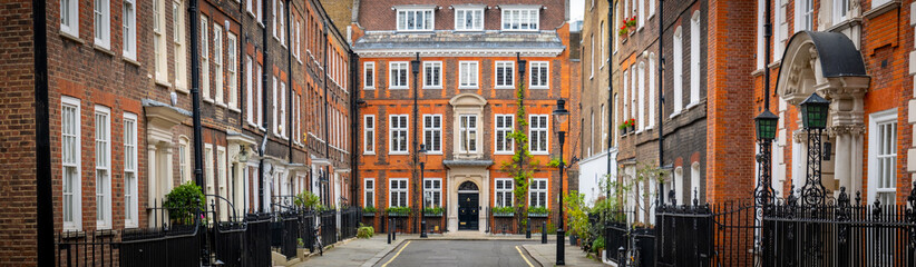 Panoramic view of beautiful Georgian townhouse properties in Westminster, London
