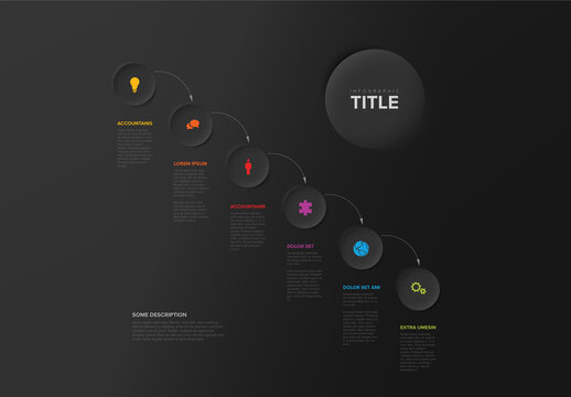 Simple Dark Six Diagonal Circle Steps with Arrows Infographic Template