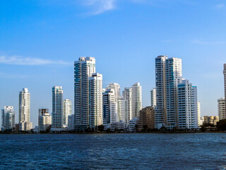 Fototapeta na wymiar Modern buildings in front of the bay in Cartagena Colombia