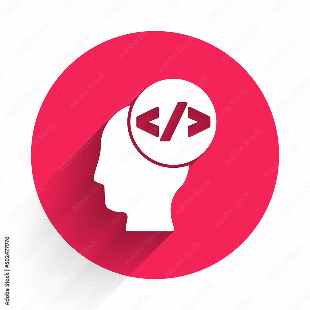 Poster white web design and front end development icon isolated with long shadow. red circle button. vector