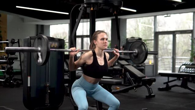 Gym workout squats barbell back fitness doing bodybuilder lifestyle fit, for exercise slim in strong from strength woman, sports physical. Muscle dumbbell white,