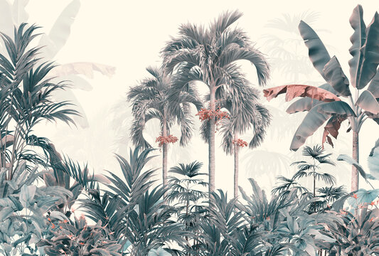 tropical trees and leaves for digital printing wallpaper, custom design wallpaper - 3D illustration
