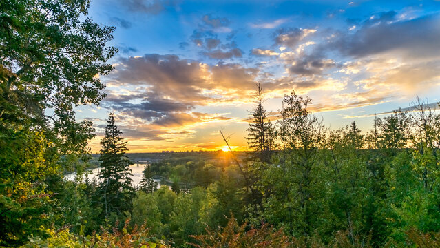 North Saskatchewan river valley view at sunset time in summer season