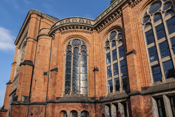 Protestant St John's Church (Johanneskirche, 88 m high tower) in the square of Martin-Luther place. Church built from 1875 to 1881 in Romanesque Revival style. DUSSELDORF, GERMANY.