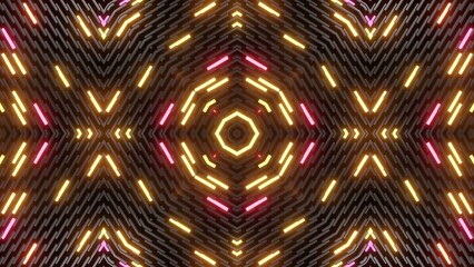 Geometric abstract background. Abstract symmetrical composition, red orange 3d elements. 3d render abstract kaleidoscope with 3d simple objects. Motion design style