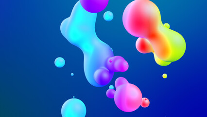 3d render. Spheres or balls merge like liquid wax drops or metaballs in-air. Liquid gradient of rainbow colors on beautiful drops with multi-colored glow, scattering light inside.