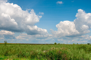 Beautiful white clouds on sunny day against background of green grass on summer day. Landscape of sky in clouds and green field on sunny summer day is beautiful backdrop.