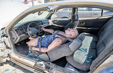 Practice Dummy in a crashed car for a demonstration