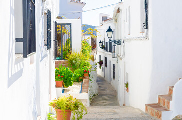 Fototapeta na wymiar Picturesque narrow street in a tourist destination in the region of Andalusia, famous whitewashed facades of residential buildings decorated with colorful flowers in pots