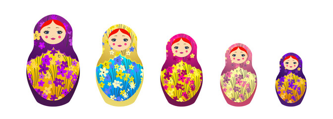 Russian Matryoshka. Traditional Russian folklore dolls with big eyes and lips. Babushka doll with hohloma, traditional painted floral pattern. Set with hand drawn vector illustration
