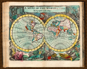 "A Mapp of the World" from an old British Atlas published 1682, Cartographer John Seller, a restored reproduction. The map is shown as within an open atlas.