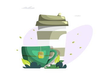 Cups with coffee and tea. Vector cartoon flat illustration in modern design