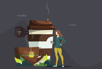 Cups with coffee and tea. Vector cartoon flat illustration in modern design. Concept of girl ordering coffee with herself