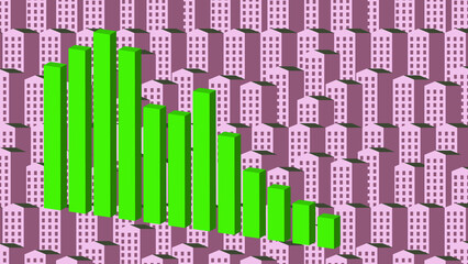Business green 3D graph chart on apartment building pink background. Price of flat sale and rental rises. Inflation concept. Construction industry. Finance and Economy. Graphic statistic. Illustration