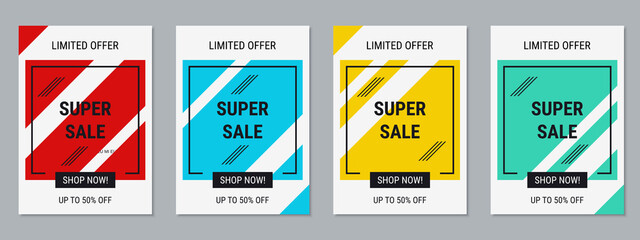 Super sale banner, business flyer, discount coupon, booklet vector design templates collection. A4 format