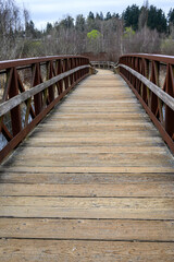 Fototapeta na wymiar Wood bridge in the Mercer Slough wetland nature park trail system, adventure on a spring day 