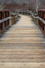 Fototapeta premium Wood bridge in the Mercer Slough wetland nature park trail system, adventure on a spring day 