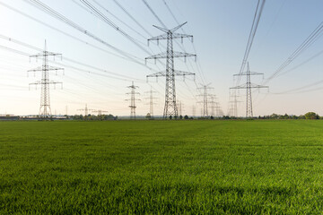 A lot of high-voltage power line, transmission tower overhead line masts, high voltage pylons also...