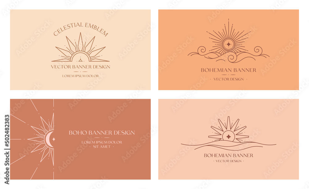 Sticker vector bohemian logo designs with sun,cloud or sea waves and light rays.boho linear icons or symbols