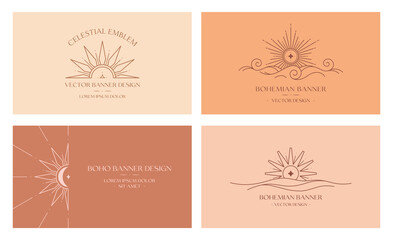 Vector bohemian logo designs with sun,cloud or sea waves and light rays.Boho linear icons or symbols in minimalist style.Modern celestial emblems.Branding design,website banner,social media templates.