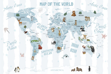 Animals world map for kids wallpaper design
