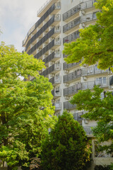 high-rise hotel surrounded by green trees