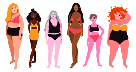 a groupe of women of different age, ethnicity and body type standing together in swimwear smiling - hand drawn vector illustration