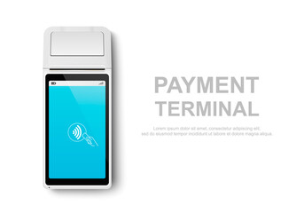 Vector Realistic 3d White Touch NFC Mobile Payment Machine. POS Terminal Closeup Isolated on White. Design Template of Bank Payment Wireless Contactless Terminal, Mockup. Payments device. Top View - obrazy, fototapety, plakaty