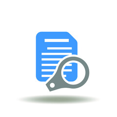 Vector illustration of document list with magnifier. Icon of analysis data. Symbol of datum search, research.