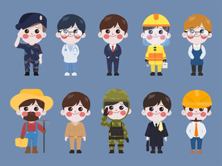 Occupation and government worker profession cartoon character design vector set.