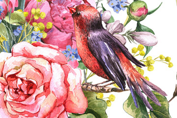 Watercolor roses peony flower butterfly bird flower paisley © Zhang