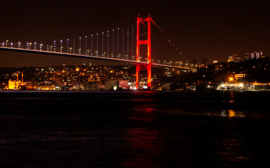 Fototapeta na wymiar bridge, night, city, architecture, water, skyline, new, travel, sky, istanbul, cityscape, urban, lights,landmark, nyc, reflection, building