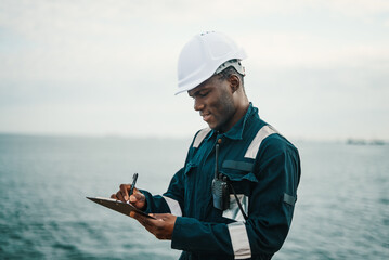African American seaman filling checklist during work