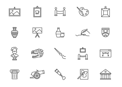 Museum line icon set. Building symbol vector theater architecture artist brush antique art icon set