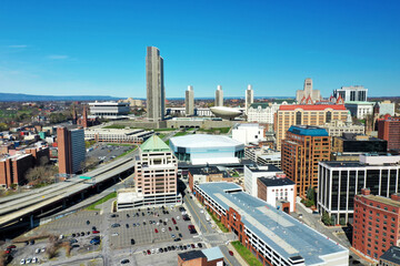 Aerial scene of Albany, New York, U. S., on fine day