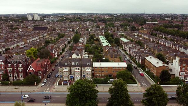Drone view of Balham area from along Balham Hill.