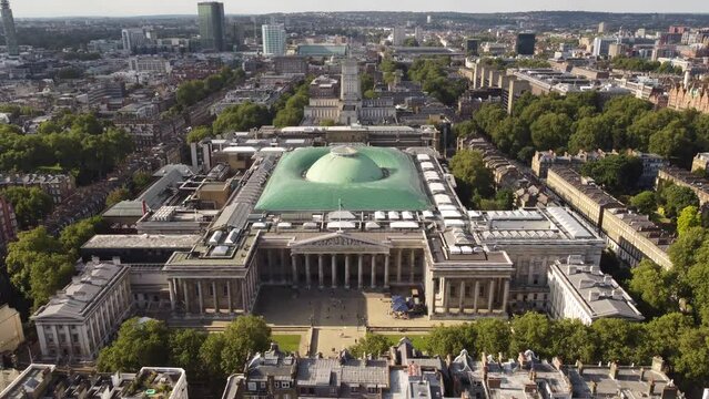 Drone view of the British Museum approaching the building's main entrance.