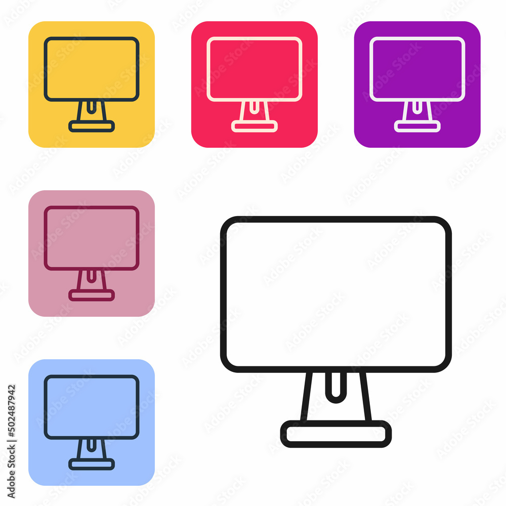 Poster black line computer monitor screen icon isolated on white background. electronic device. front view.