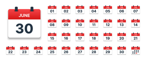 Calendar June from 01 to 30 design template collection. June Calendar vector illustration.