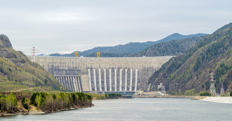 800 fts arched concrete dam of hydroelectric power station on the Yenisey river....