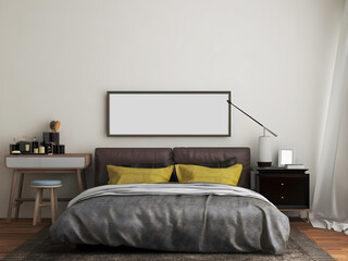 Bedroom interior with blank frame mockup. 3d rendering. 3d illustration