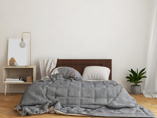 Bedroom interior with gray blanket. 3d rendering. 3d illustration