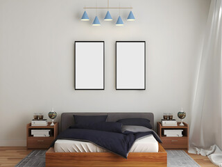 Bedroom interior mockup with navy bedding and 2 frames. 3d rendering. 3d illustration